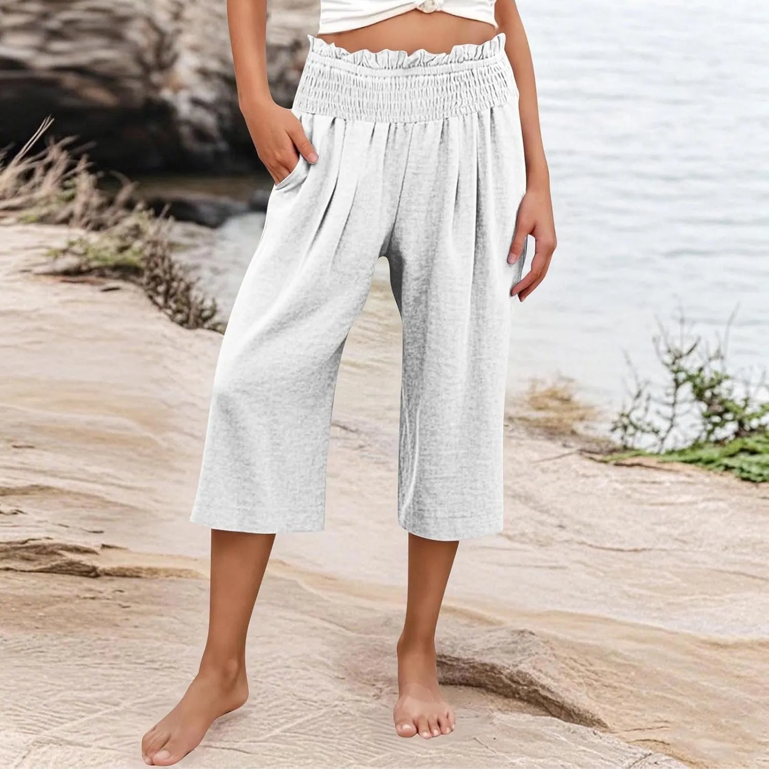 Linen Capri Pants for Women Loose Smocked High Waisted Wide Leg Pants with Pockets Lightweight Summer Lounge Pant