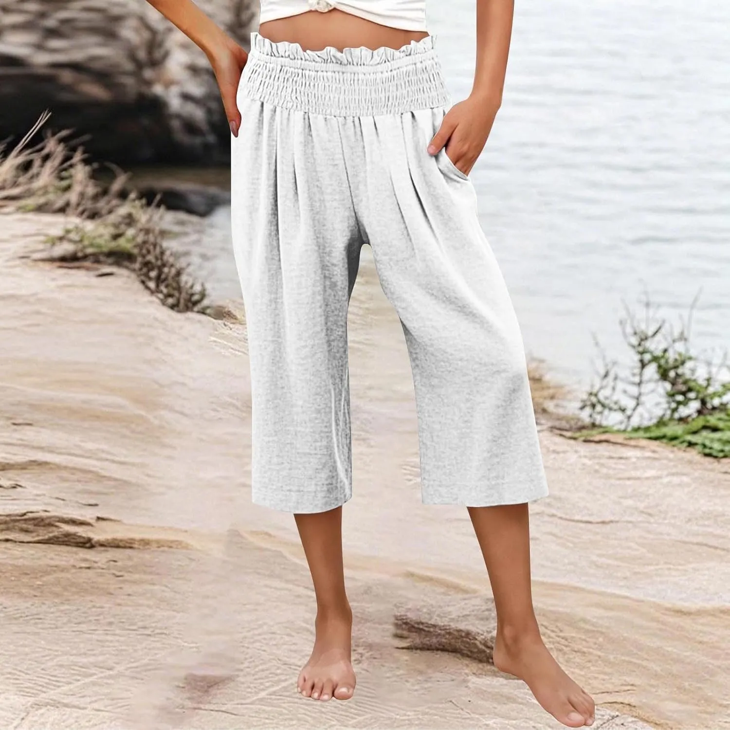 Linen Capri Pants for Women Loose Smocked High Waisted Wide Leg Pants with Pockets Lightweight Summer Lounge Pant