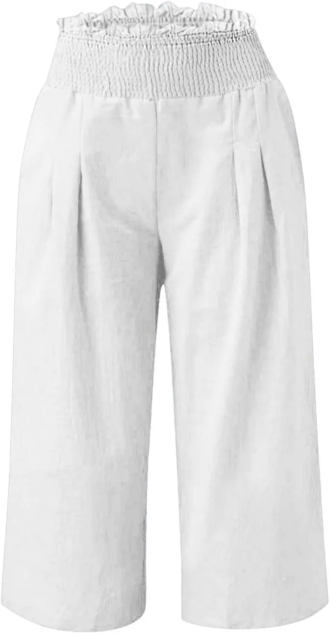 Linen Capri Pants for Women Loose Smocked High Waisted Wide Leg Pants with Pockets Lightweight Summer Lounge Pant