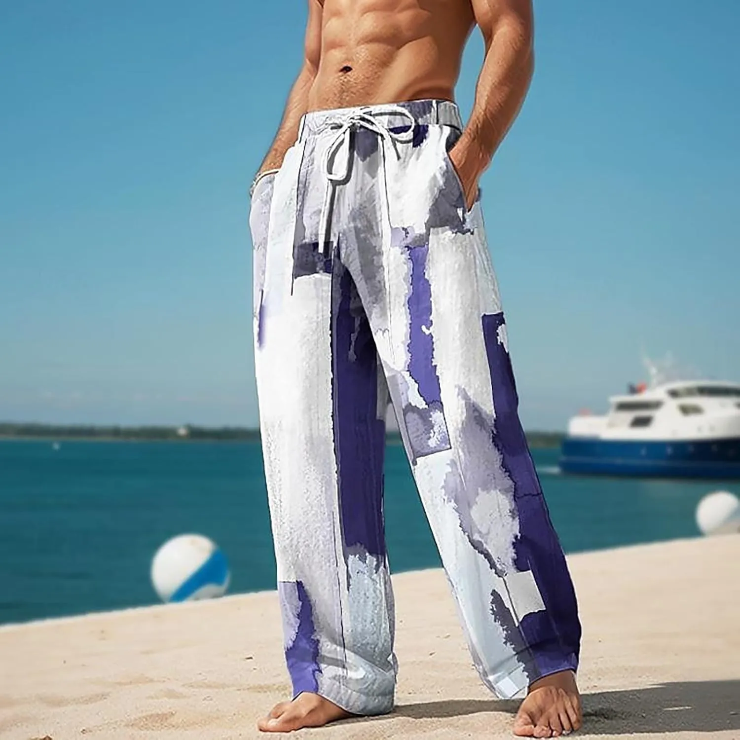 Linen Pants for Men Loose Fit Casual Elastic Waist Summer Beach Pants Lightweight Breathable Yoga Vacation Trousers