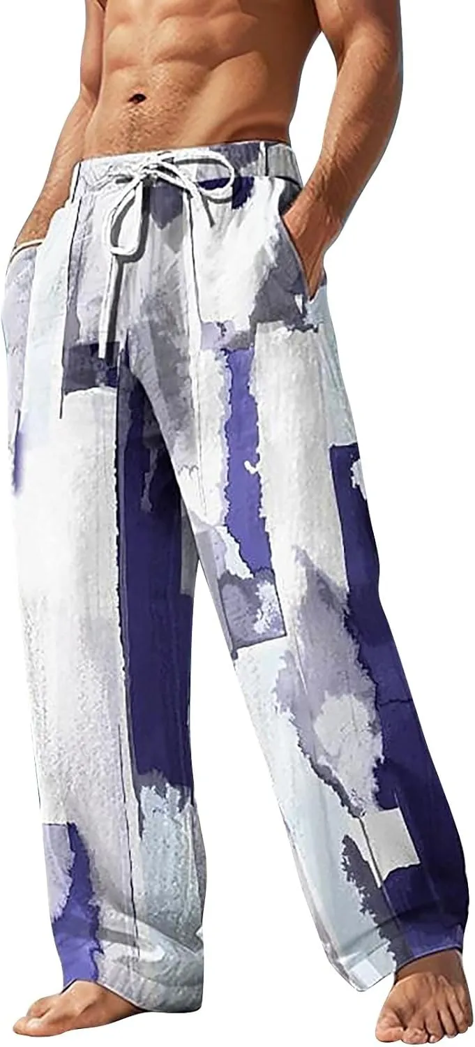 Linen Pants for Men Loose Fit Casual Elastic Waist Summer Beach Pants Lightweight Breathable Yoga Vacation Trousers