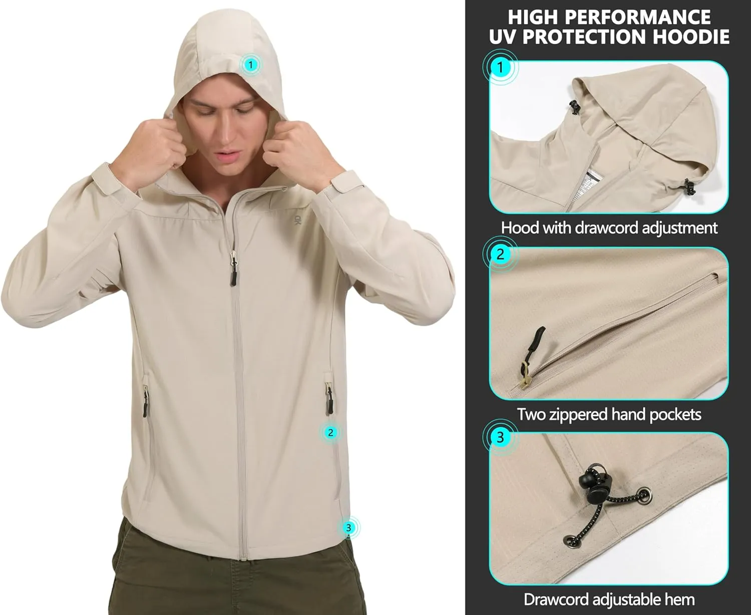 Little Donkey Andy Men's UPF 50  Sun Protection Jackets Stretch Breathable Hoodie Summer Shirts for Hiking