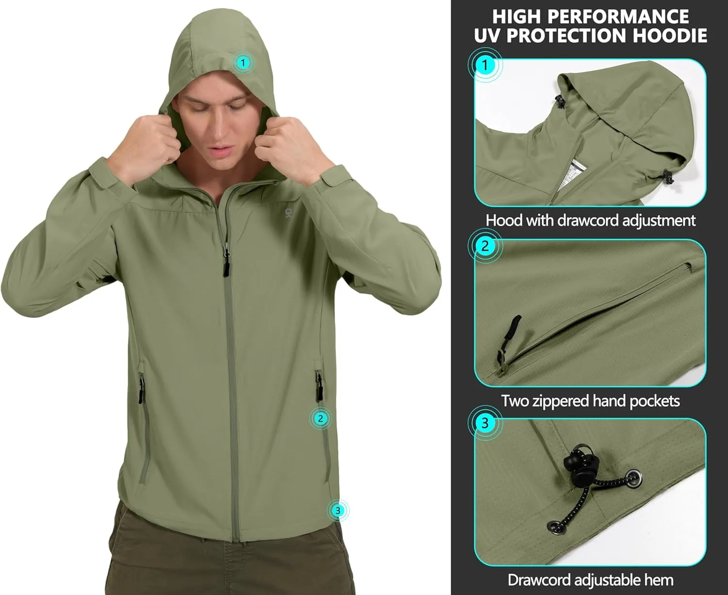 Little Donkey Andy Men's UPF 50  Sun Protection Jackets Stretch Breathable Hoodie Summer Shirts for Hiking