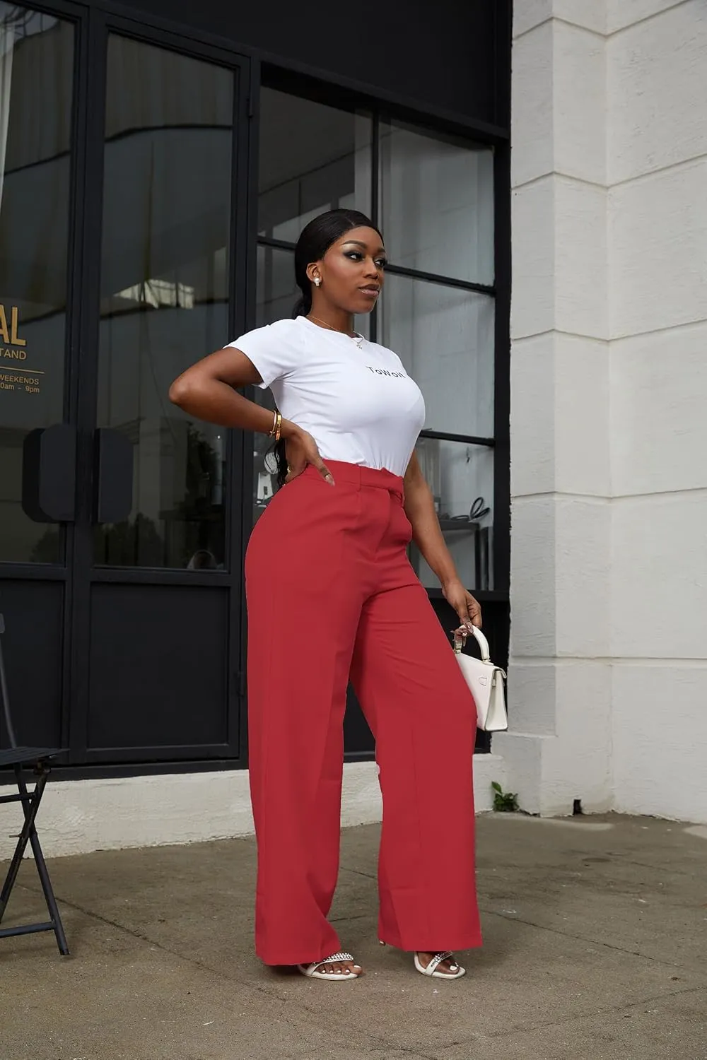 LKOUS Casual Wide Leg Dress Pants Women,High Waisted Work Pant Straight Leg Trousers with Pockets