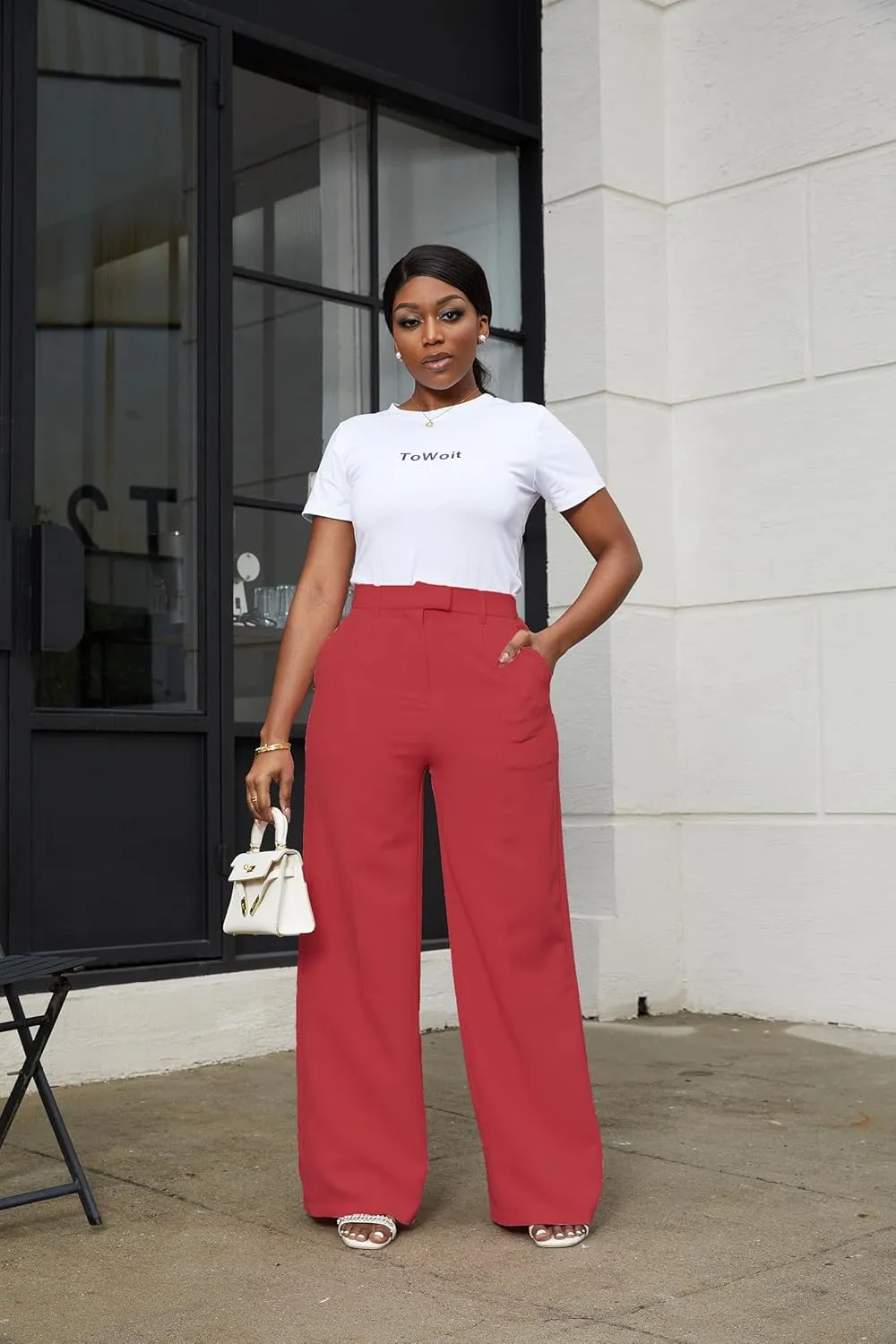 LKOUS Casual Wide Leg Dress Pants Women,High Waisted Work Pant Straight Leg Trousers with Pockets