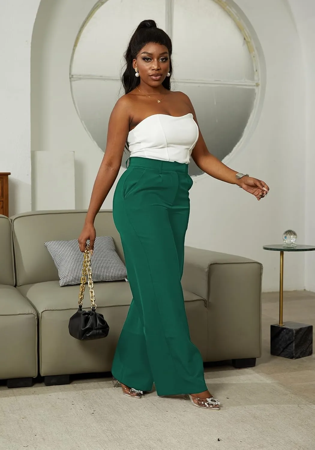 LKOUS Casual Wide Leg Dress Pants Women,High Waisted Work Pant Straight Leg Trousers with Pockets