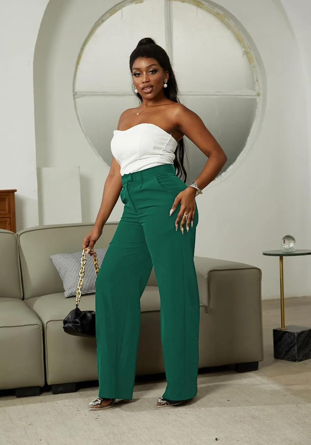 LKOUS Casual Wide Leg Dress Pants Women,High Waisted Work Pant Straight Leg Trousers with Pockets