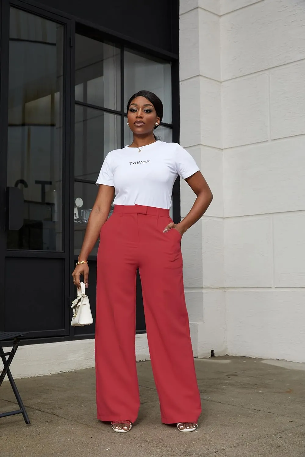 LKOUS Casual Wide Leg Dress Pants Women,High Waisted Work Pant Straight Leg Trousers with Pockets