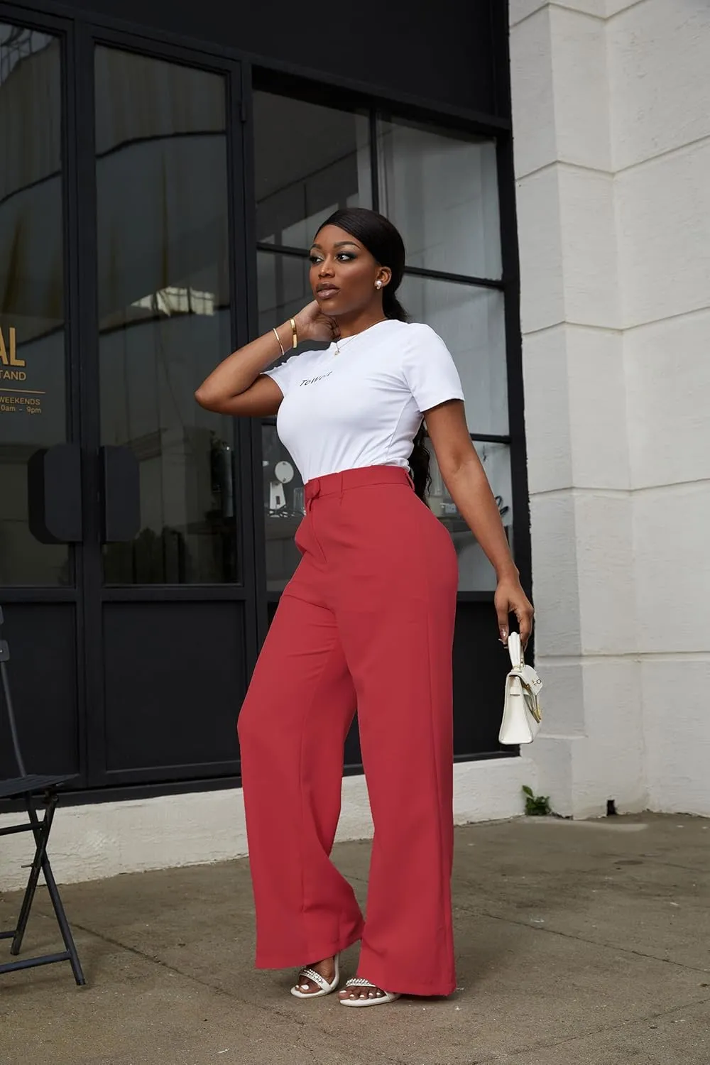 LKOUS Casual Wide Leg Dress Pants Women,High Waisted Work Pant Straight Leg Trousers with Pockets