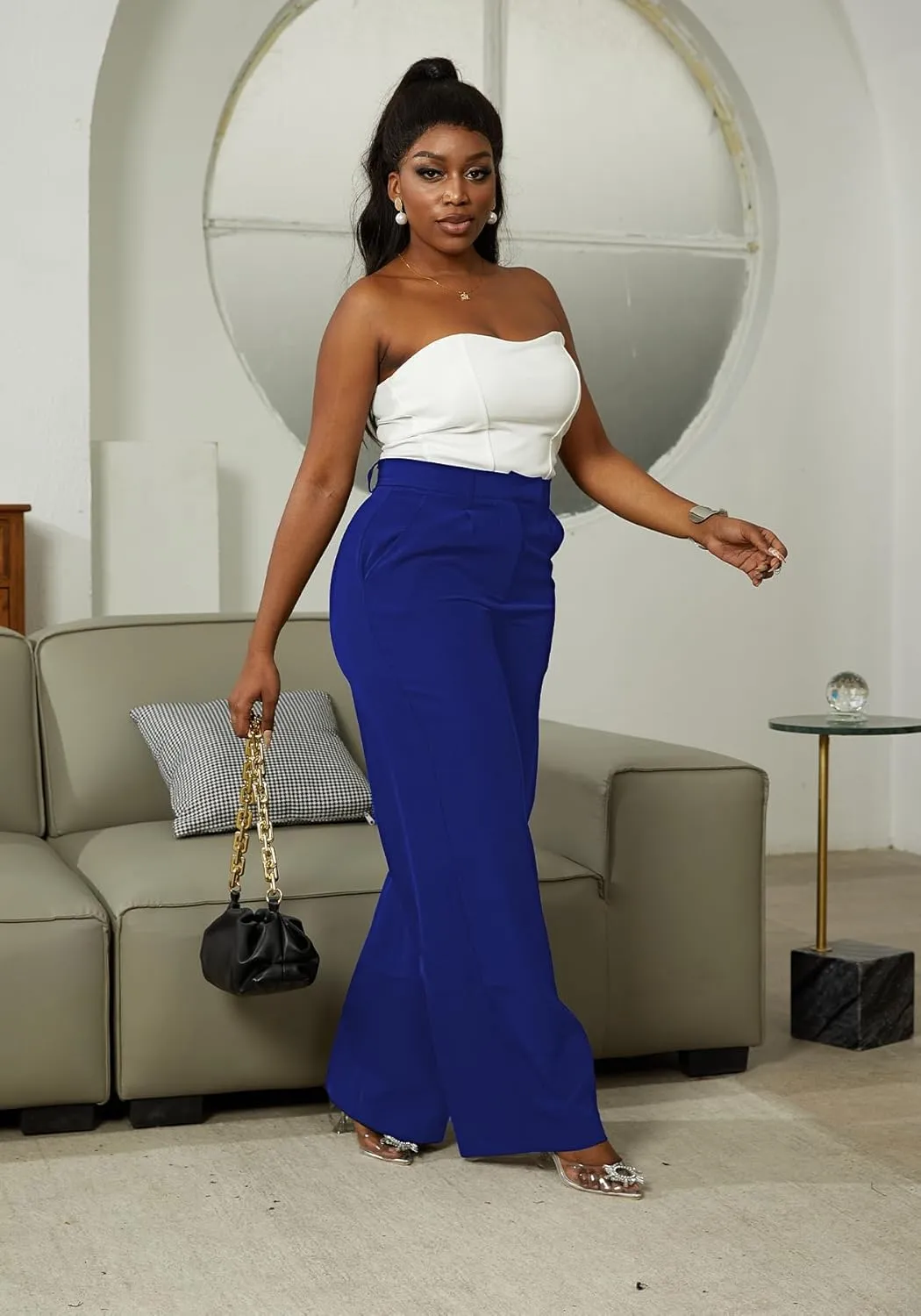 LKOUS Casual Wide Leg Dress Pants Women,High Waisted Work Pant Straight Leg Trousers with Pockets