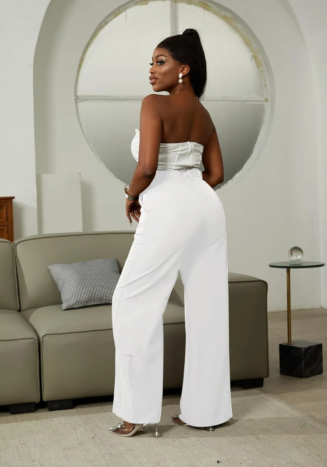 LKOUS Casual Wide Leg Dress Pants Women,High Waisted Work Pant Straight Leg Trousers with Pockets