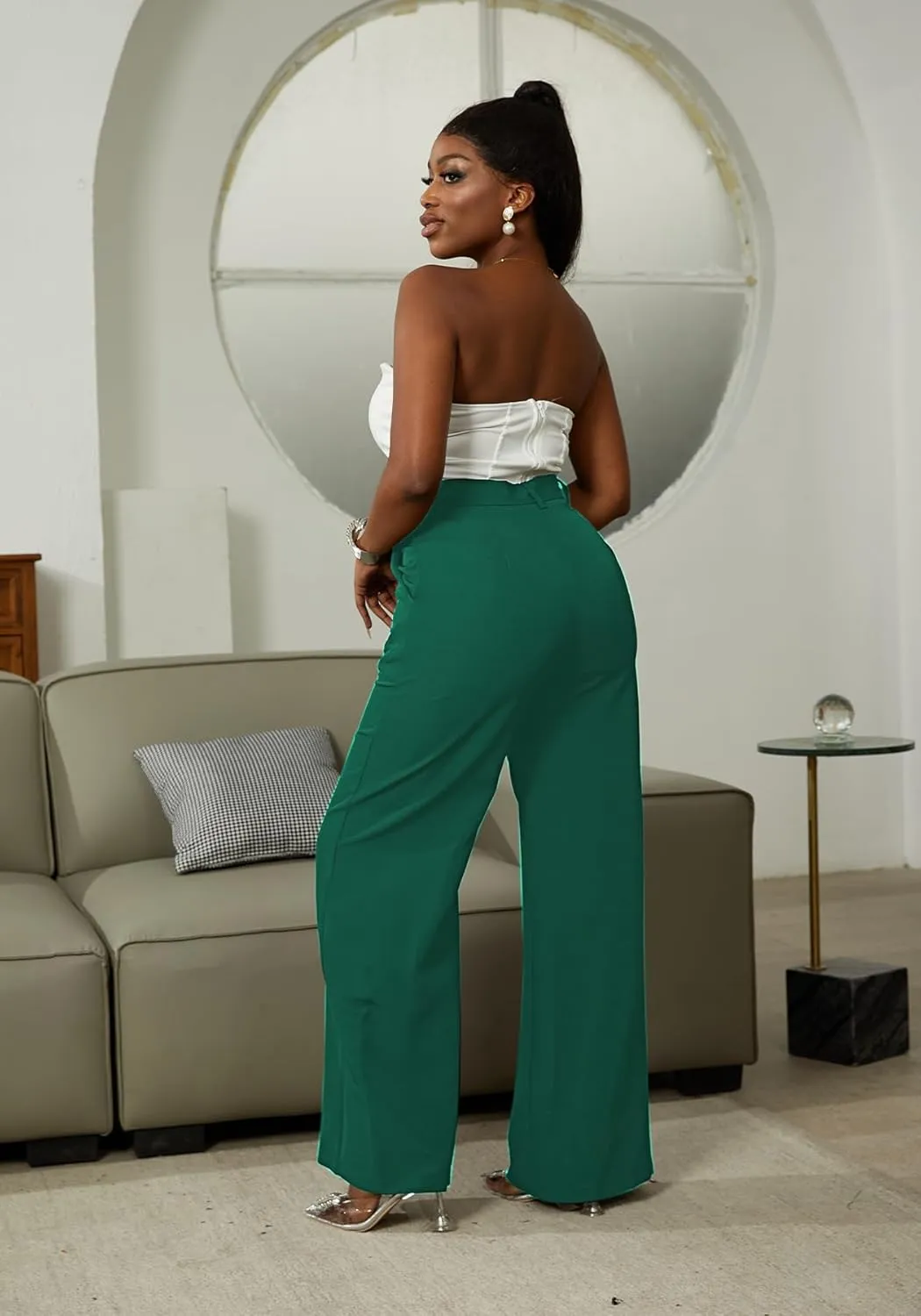 LKOUS Casual Wide Leg Dress Pants Women,High Waisted Work Pant Straight Leg Trousers with Pockets