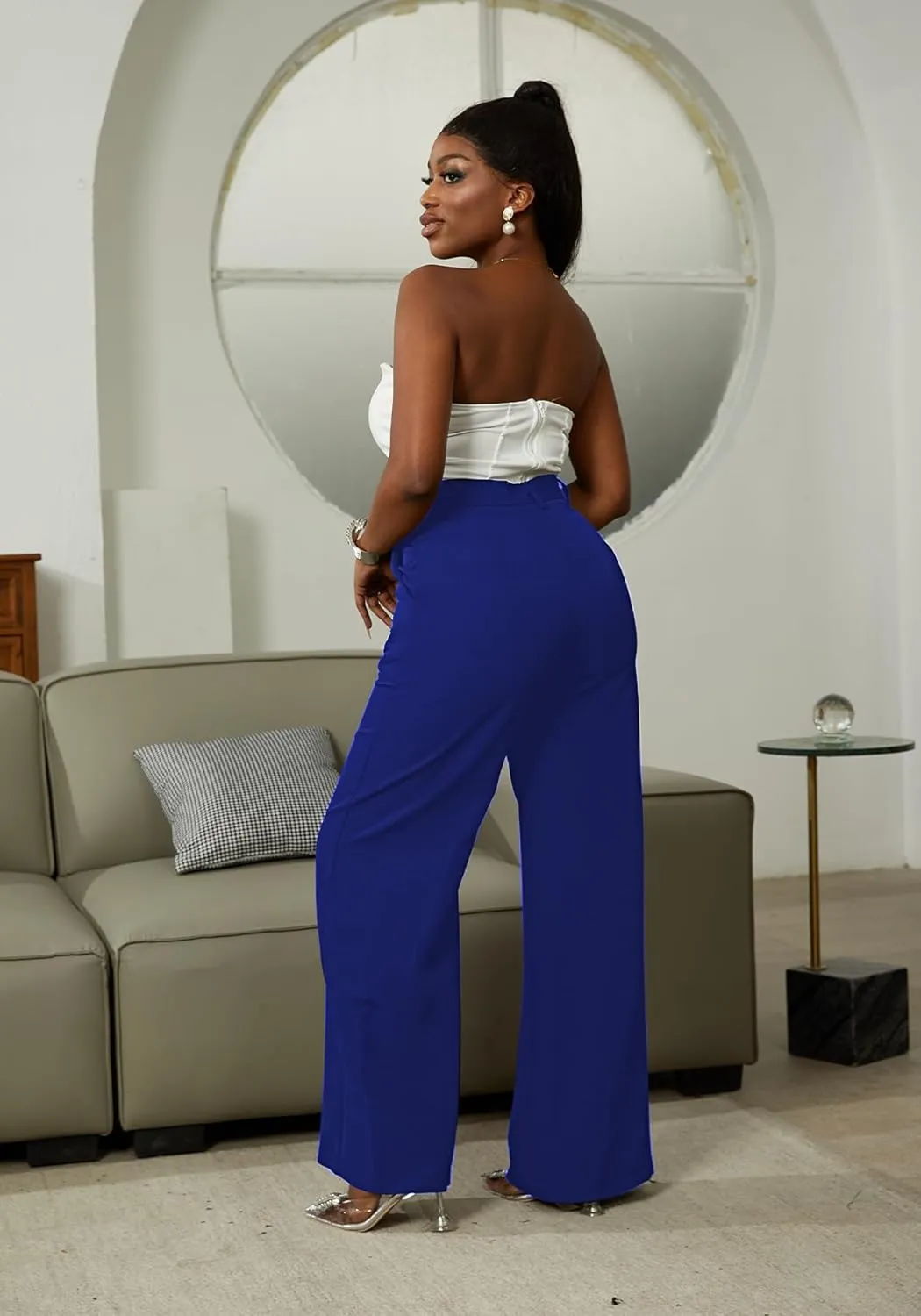LKOUS Casual Wide Leg Dress Pants Women,High Waisted Work Pant Straight Leg Trousers with Pockets