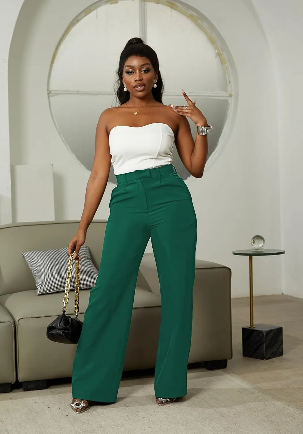LKOUS Casual Wide Leg Dress Pants Women,High Waisted Work Pant Straight Leg Trousers with Pockets