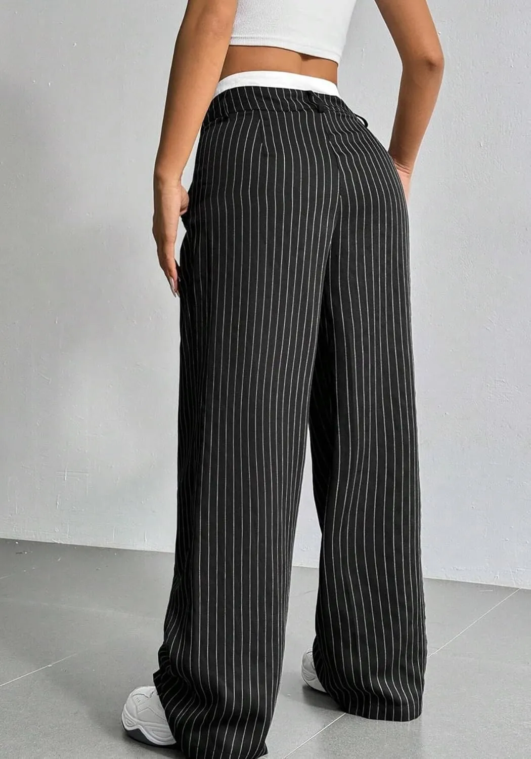 LKOUS Dress Pants Women High Waist,Casual Work Wide Leg Pant Striped Straight Trousers with Pockets