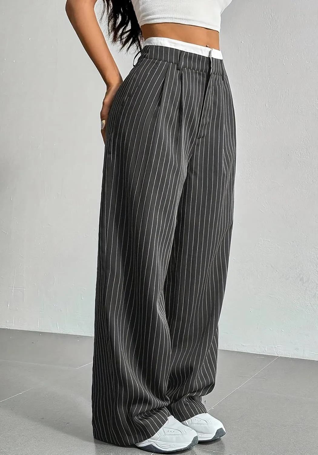 LKOUS Dress Pants Women High Waist,Casual Work Wide Leg Pant Striped Straight Trousers with Pockets