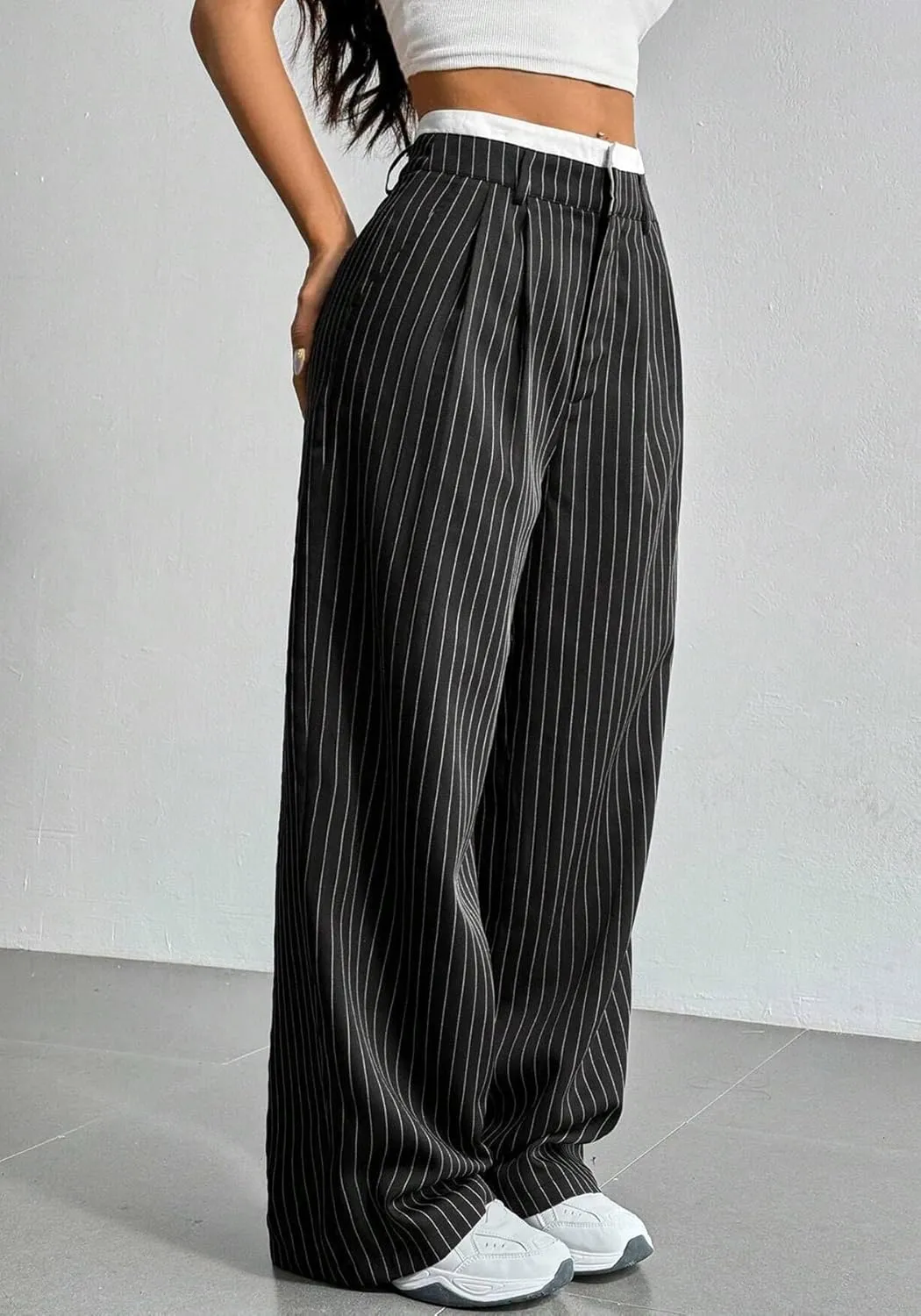 LKOUS Dress Pants Women High Waist,Casual Work Wide Leg Pant Striped Straight Trousers with Pockets