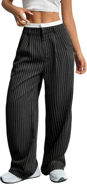 LKOUS Dress Pants Women High Waist,Casual Work Wide Leg Pant Striped Straight Trousers with Pockets