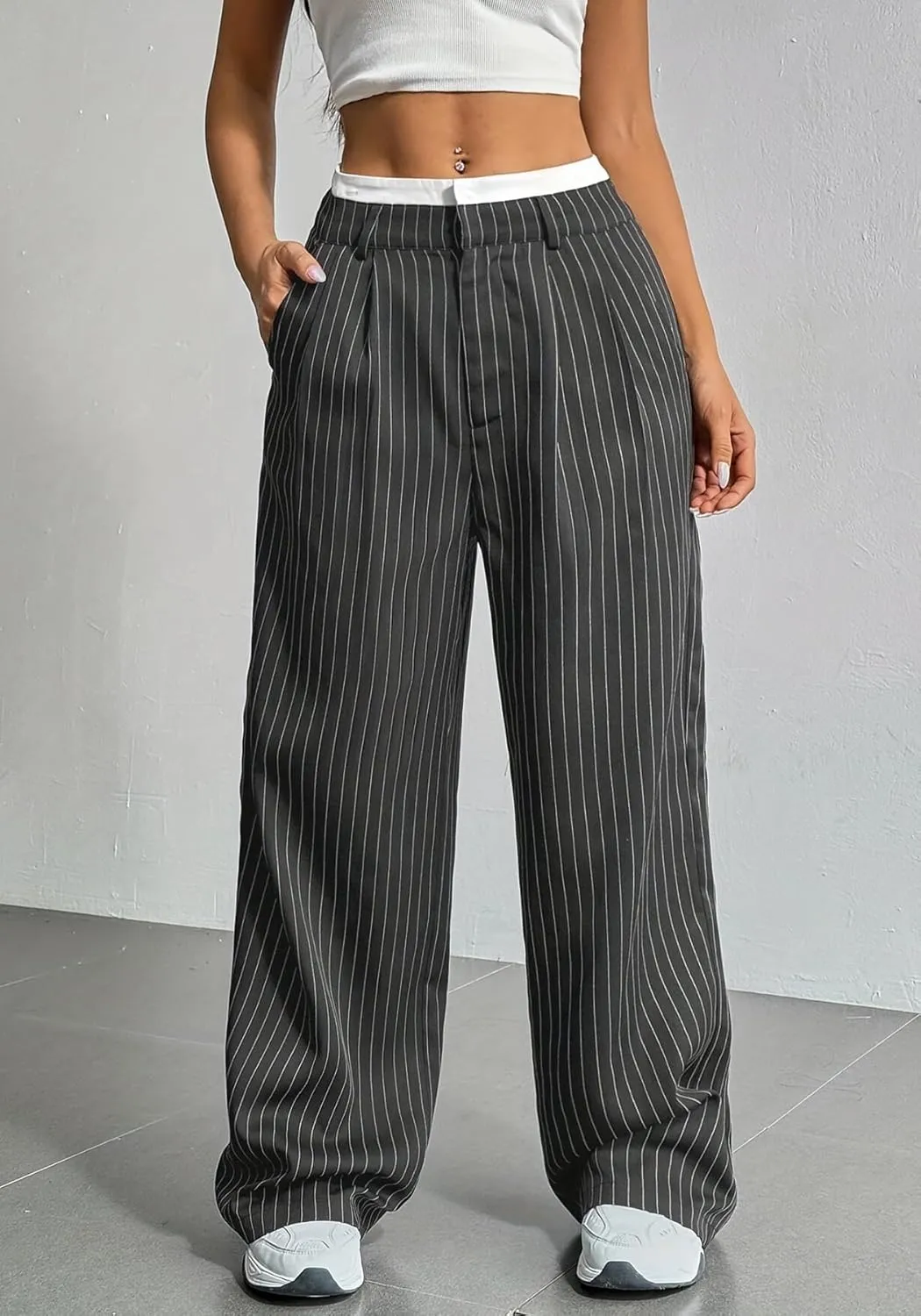 LKOUS Dress Pants Women High Waist,Casual Work Wide Leg Pant Striped Straight Trousers with Pockets
