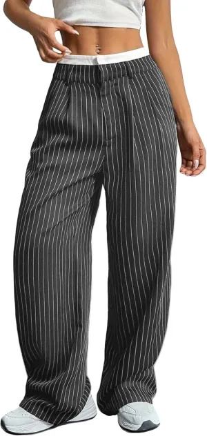LKOUS Dress Pants Women High Waist,Casual Work Wide Leg Pant Striped Straight Trousers with Pockets