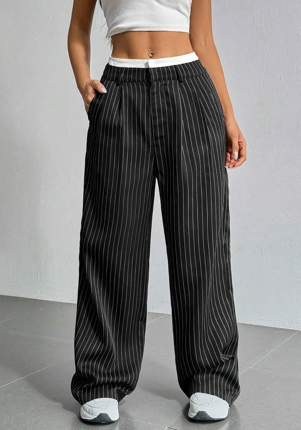 LKOUS Dress Pants Women High Waist,Casual Work Wide Leg Pant Striped Straight Trousers with Pockets