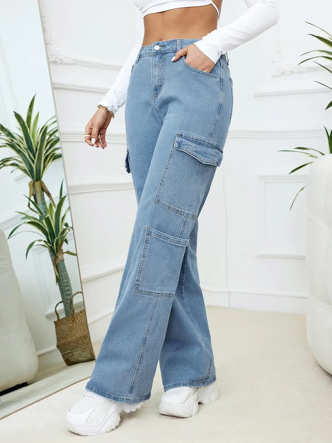 LONGBIDA Women's High Waisted Cargo Jeans Y2K Straight Wide Leg Baggy Jeans Loose Denim Cargo Pants Trousers