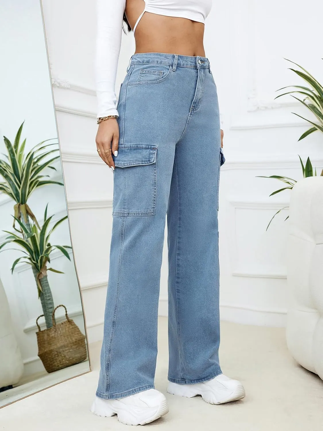LONGBIDA Women's High Waisted Cargo Jeans Y2K Straight Wide Leg Baggy Jeans Loose Denim Cargo Pants Trousers