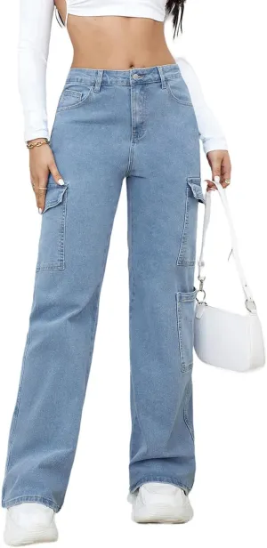 LONGBIDA Women's High Waisted Cargo Jeans Y2K Straight Wide Leg Baggy Jeans Loose Denim Cargo Pants Trousers
