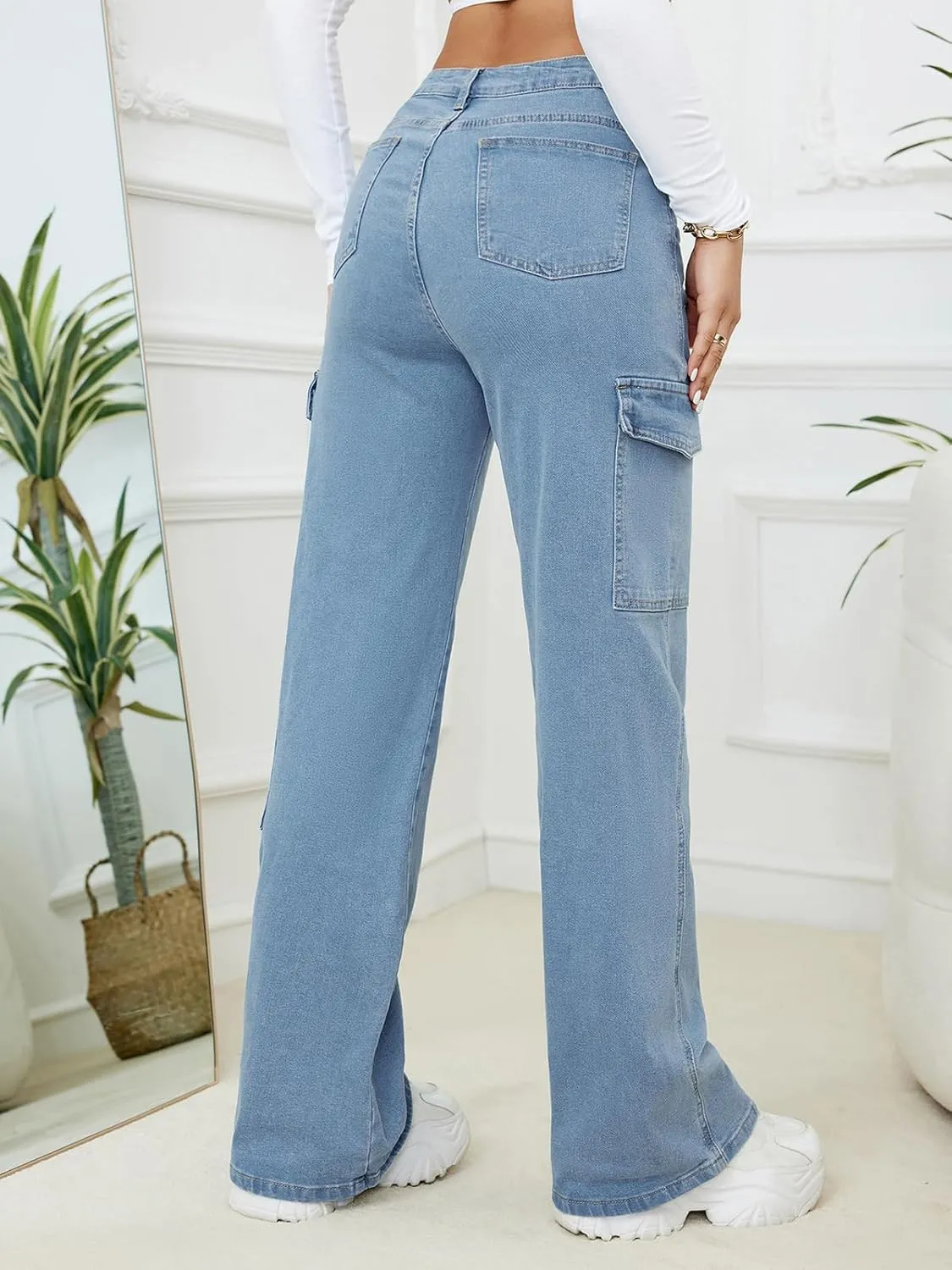 LONGBIDA Women's High Waisted Cargo Jeans Y2K Straight Wide Leg Baggy Jeans Loose Denim Cargo Pants Trousers