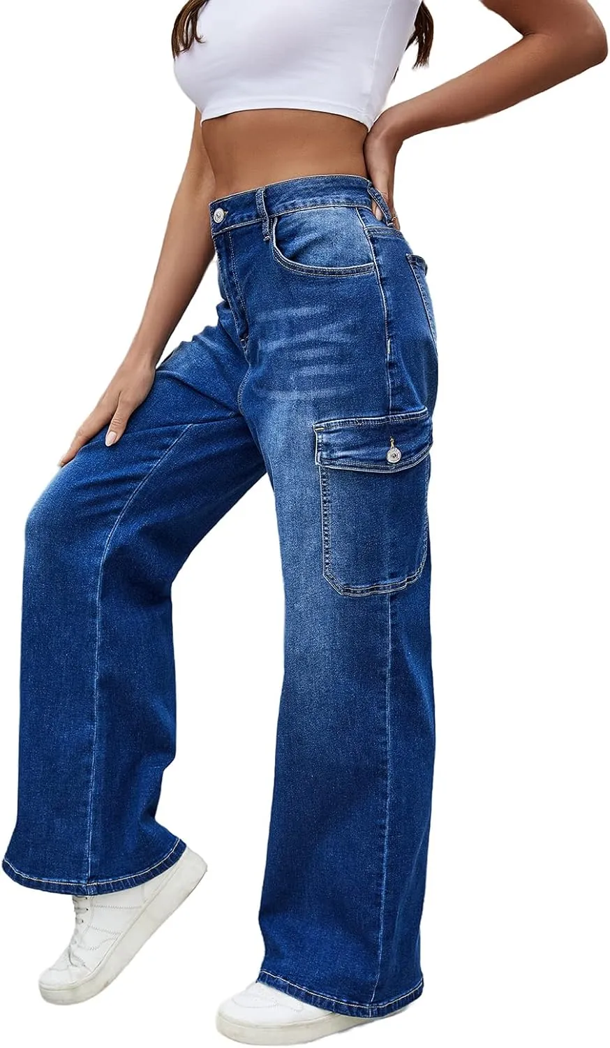 LONGYIDA High Waisted Baggy Jeans for Women Stretch Straight Y2K Wide Leg Denim Pants Casual Cargo Jeans