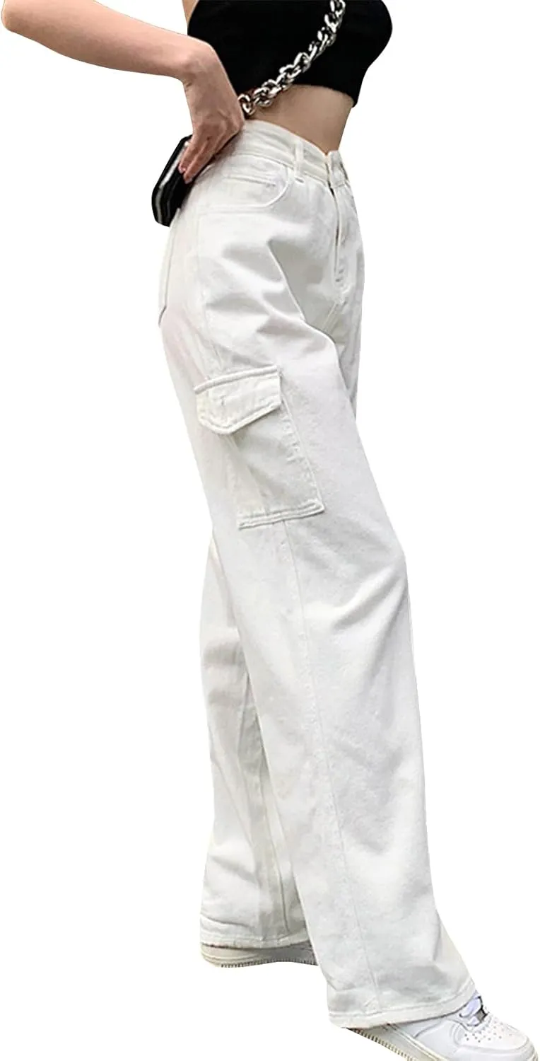 LONGYIDA High Waisted Baggy Jeans for Women Stretch Straight Y2K Wide Leg Denim Pants Casual Cargo Jeans