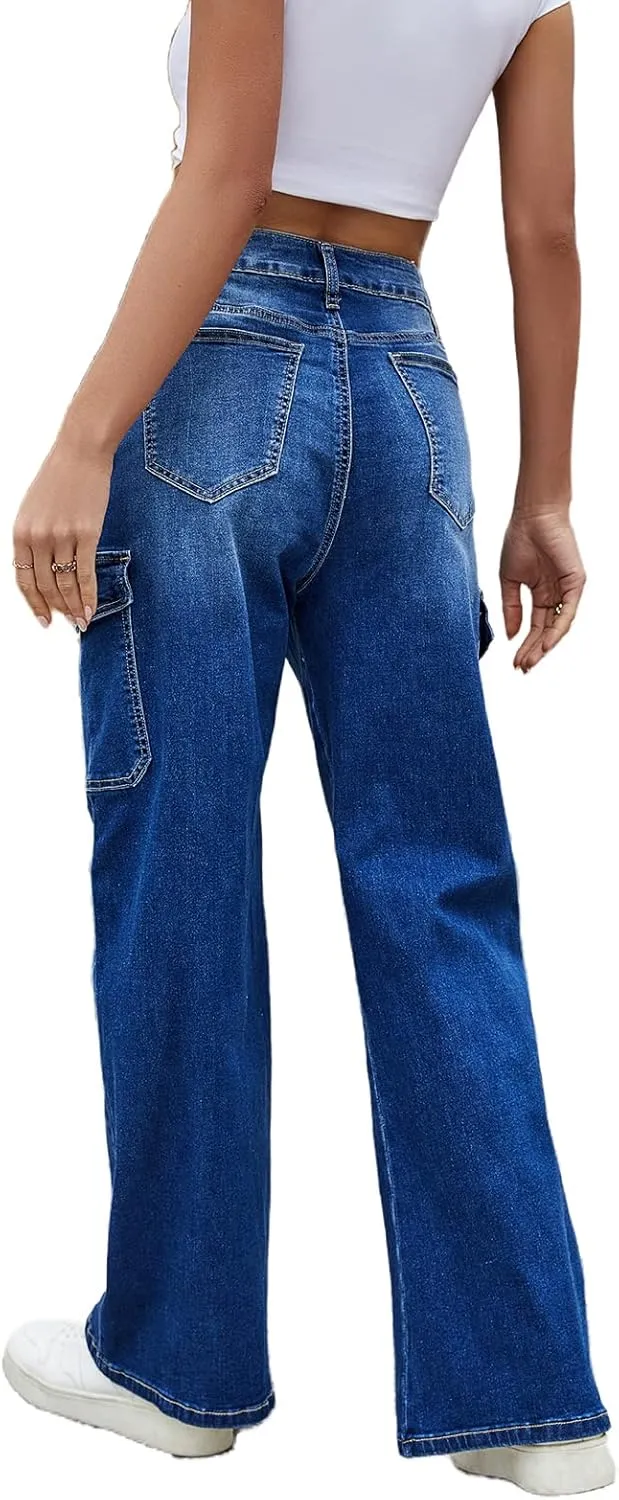 LONGYIDA High Waisted Baggy Jeans for Women Stretch Straight Y2K Wide Leg Denim Pants Casual Cargo Jeans