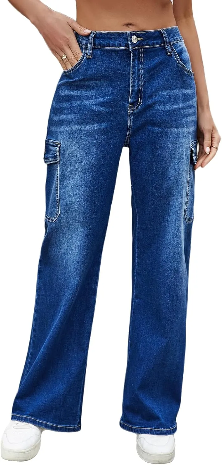 LONGYIDA High Waisted Baggy Jeans for Women Stretch Straight Y2K Wide Leg Denim Pants Casual Cargo Jeans