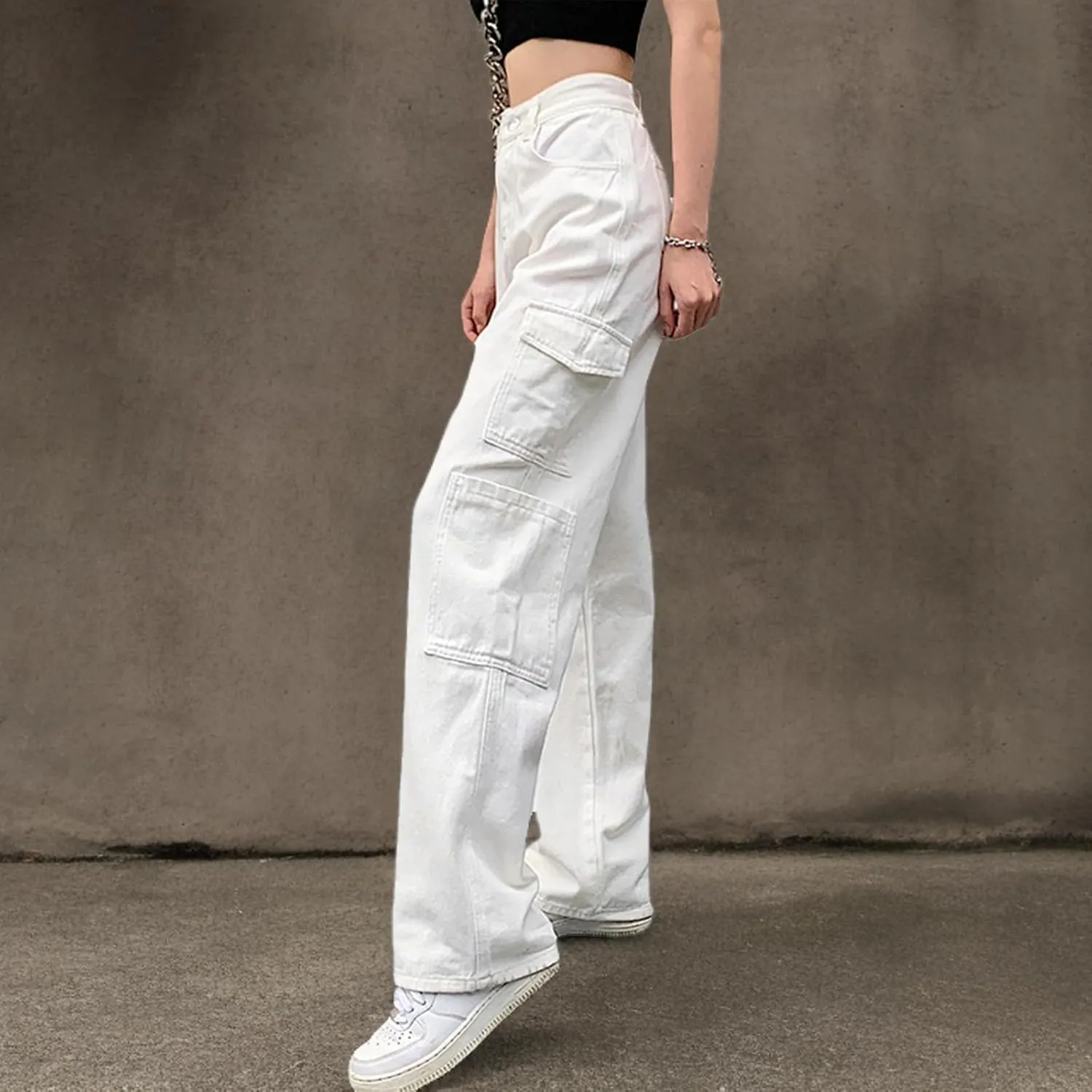 LONGYIDA High Waisted Baggy Jeans for Women Stretch Straight Y2K Wide Leg Denim Pants Casual Cargo Jeans