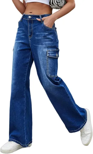 LONGYIDA High Waisted Baggy Jeans for Women Stretch Straight Y2K Wide Leg Denim Pants Casual Cargo Jeans