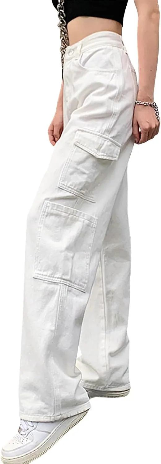 LONGYIDA High Waisted Baggy Jeans for Women Stretch Straight Y2K Wide Leg Denim Pants Casual Cargo Jeans