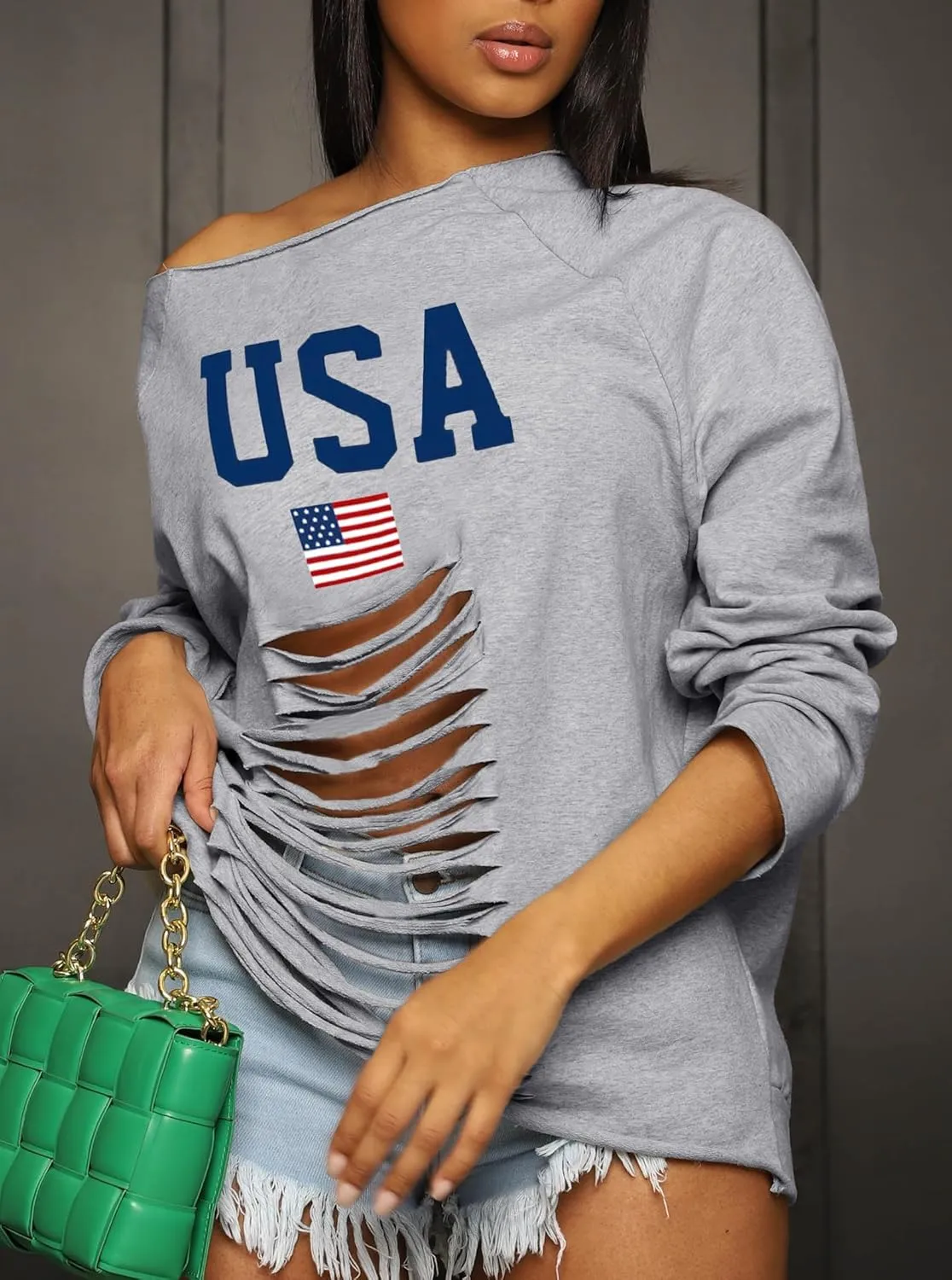 LovelyWholesale Women Off the Shoulder Sweatshirt Sexy Ripped Long Sleeve Shirts