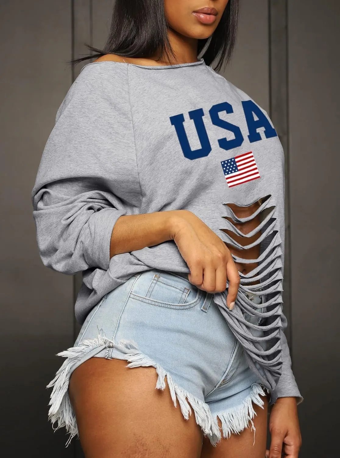 LovelyWholesale Women Off the Shoulder Sweatshirt Sexy Ripped Long Sleeve Shirts