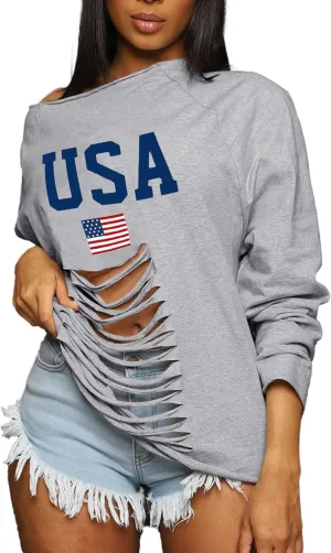 LovelyWholesale Women Off the Shoulder Sweatshirt Sexy Ripped Long Sleeve Shirts