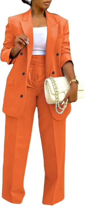 LROSEY 2 Piece Outfits for Women Double Breasted Blazer Jackets High Waisted Wide Leg Pants Suits Set Casual Business