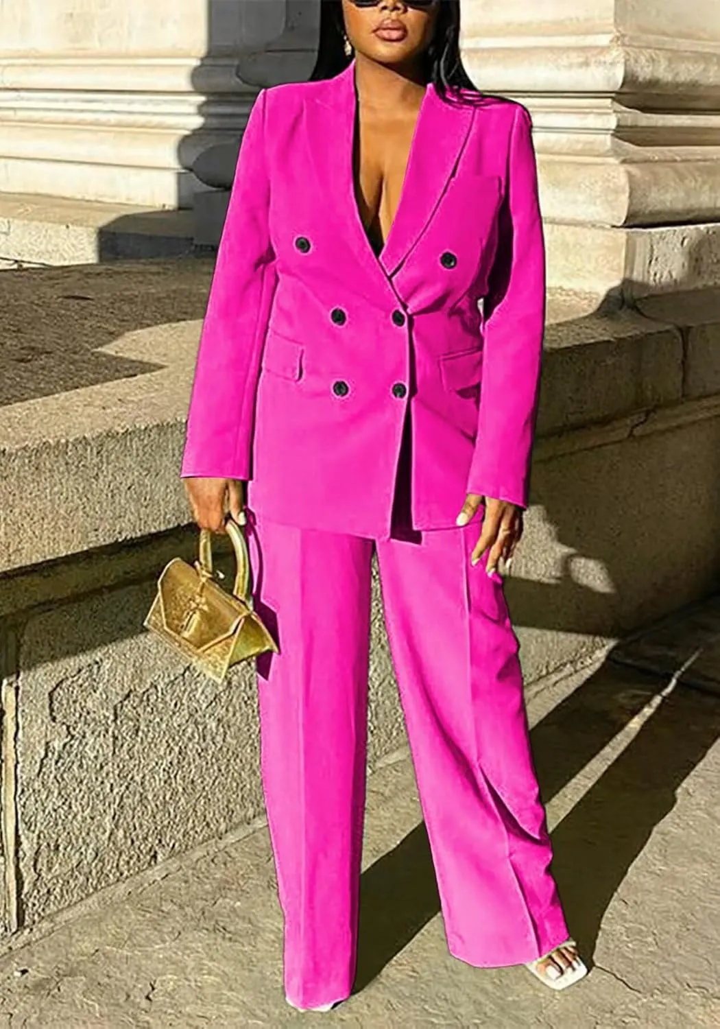 LROSEY 2 Piece Outfits for Women Double Breasted Blazer Jackets High Waisted Wide Leg Pants Suits Set Casual Business