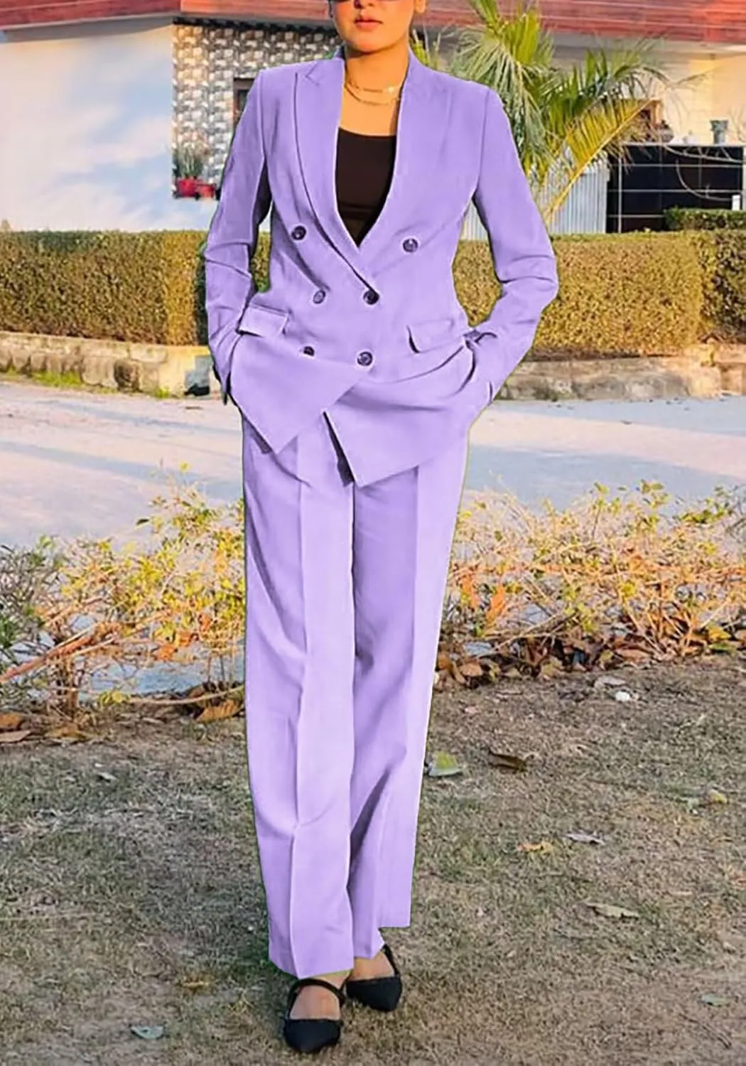 LROSEY 2 Piece Outfits for Women Double Breasted Blazer Jackets High Waisted Wide Leg Pants Suits Set Casual Business