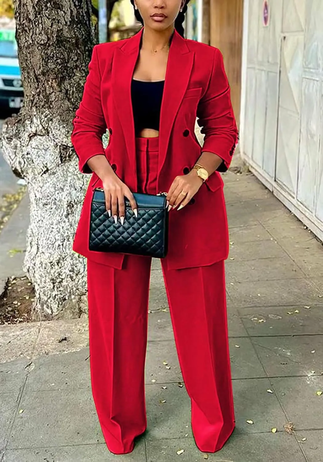LROSEY 2 Piece Outfits for Women Double Breasted Blazer Jackets High Waisted Wide Leg Pants Suits Set Casual Business