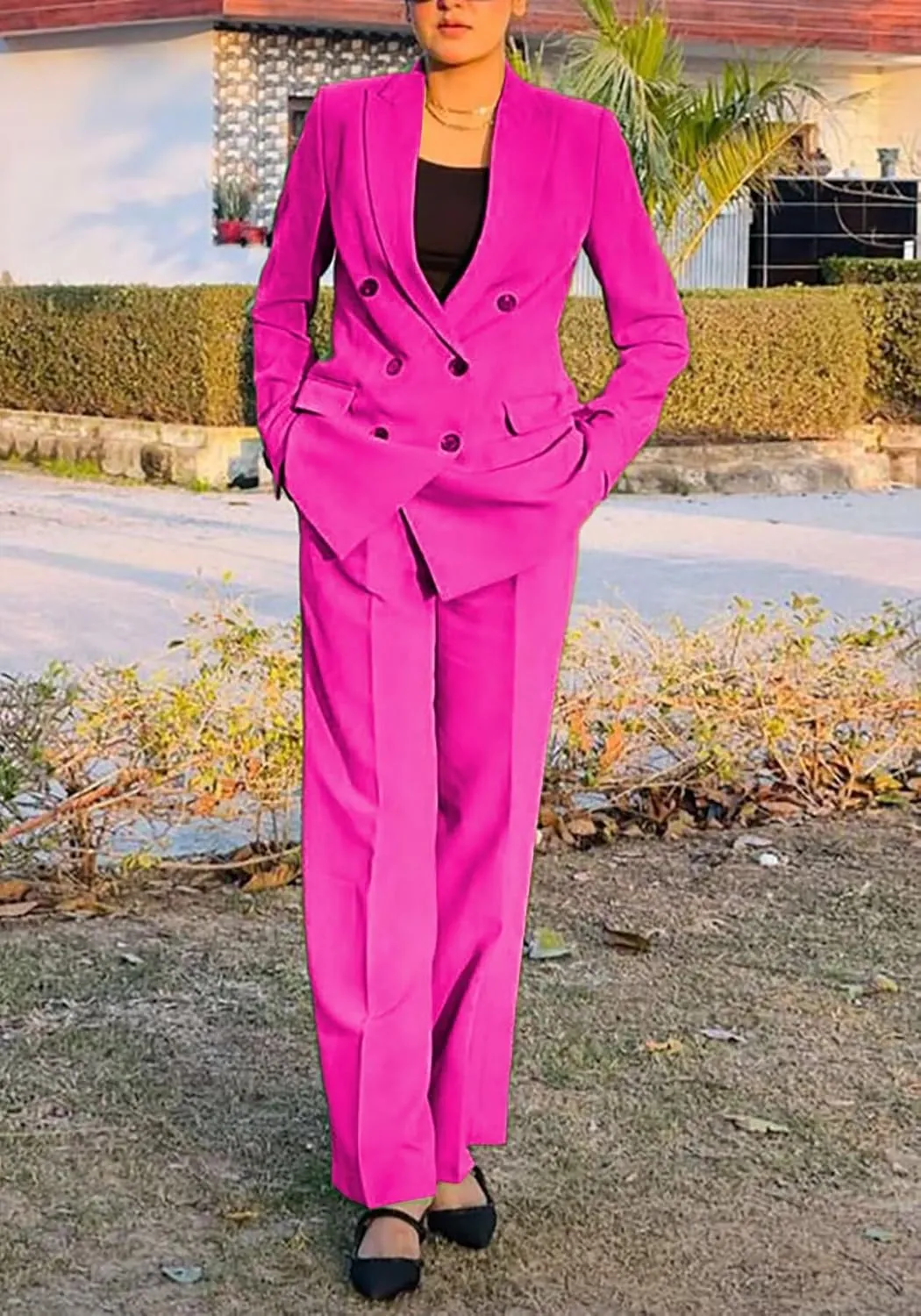LROSEY 2 Piece Outfits for Women Double Breasted Blazer Jackets High Waisted Wide Leg Pants Suits Set Casual Business