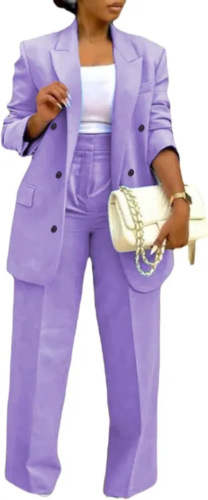 LROSEY 2 Piece Outfits for Women Double Breasted Blazer Jackets High Waisted Wide Leg Pants Suits Set Casual Business