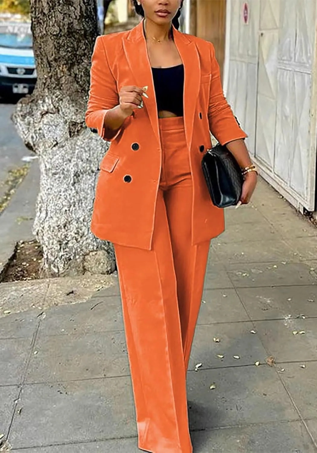 LROSEY 2 Piece Outfits for Women Double Breasted Blazer Jackets High Waisted Wide Leg Pants Suits Set Casual Business