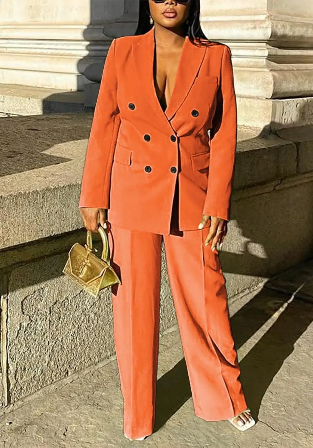 LROSEY 2 Piece Outfits for Women Double Breasted Blazer Jackets High Waisted Wide Leg Pants Suits Set Casual Business
