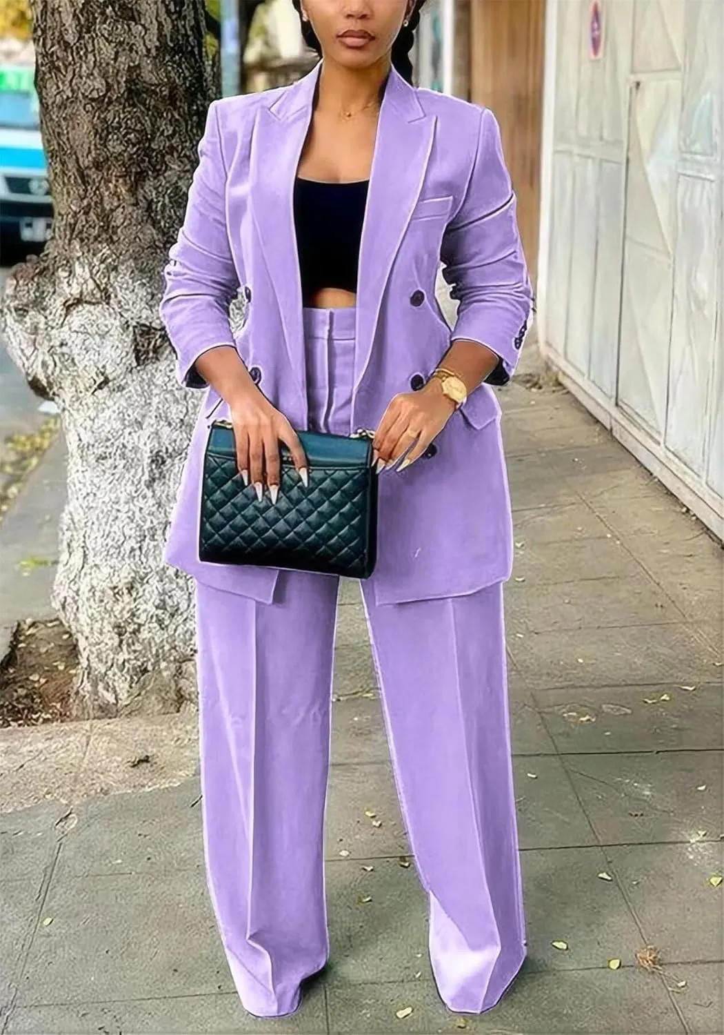 LROSEY 2 Piece Outfits for Women Double Breasted Blazer Jackets High Waisted Wide Leg Pants Suits Set Casual Business