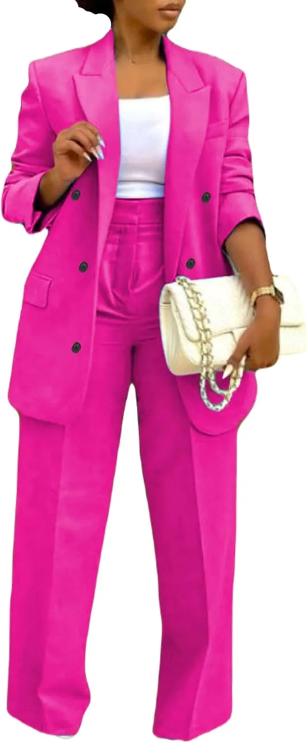 LROSEY 2 Piece Outfits for Women Double Breasted Blazer Jackets High Waisted Wide Leg Pants Suits Set Casual Business