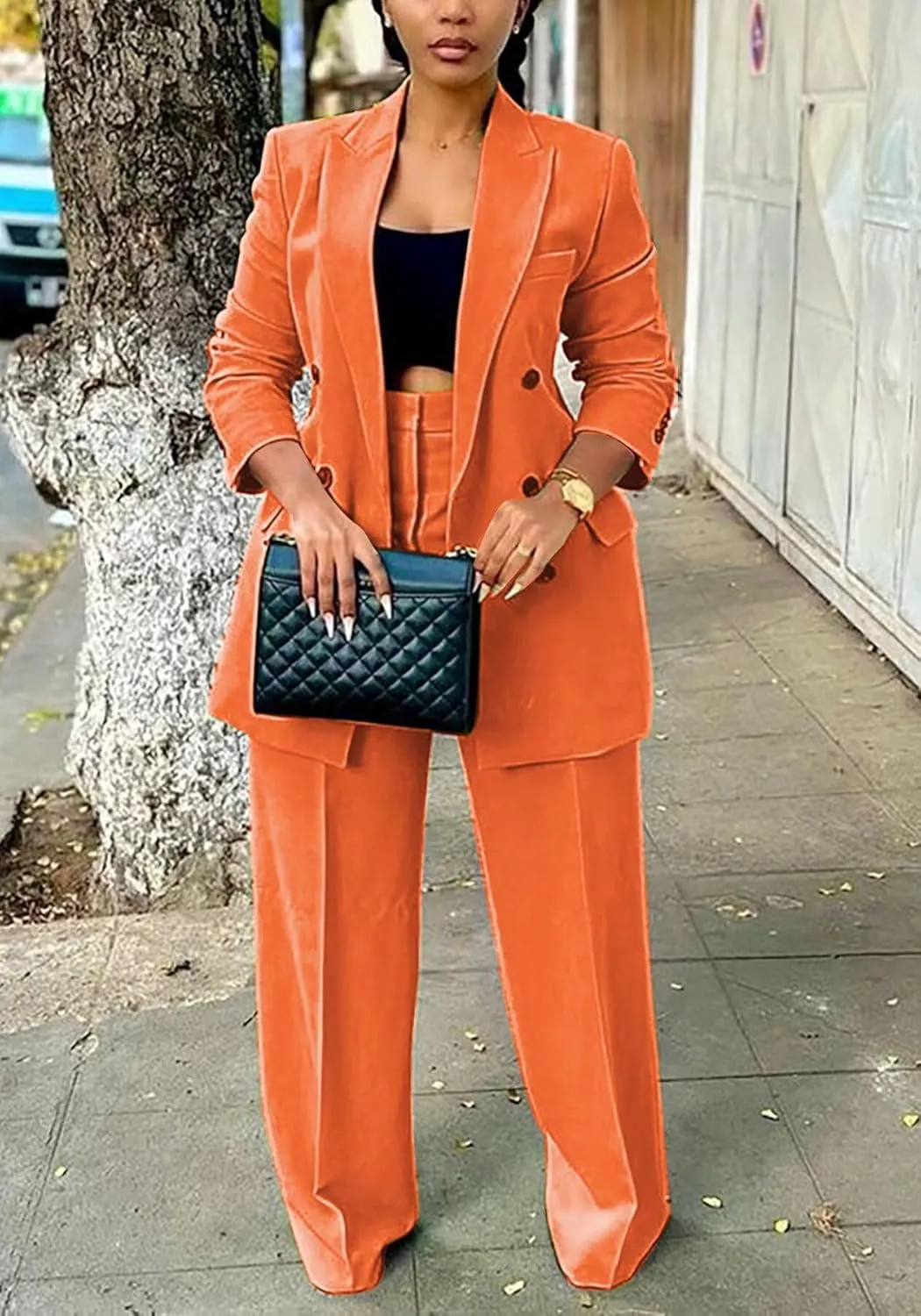 LROSEY 2 Piece Outfits for Women Double Breasted Blazer Jackets High Waisted Wide Leg Pants Suits Set Casual Business